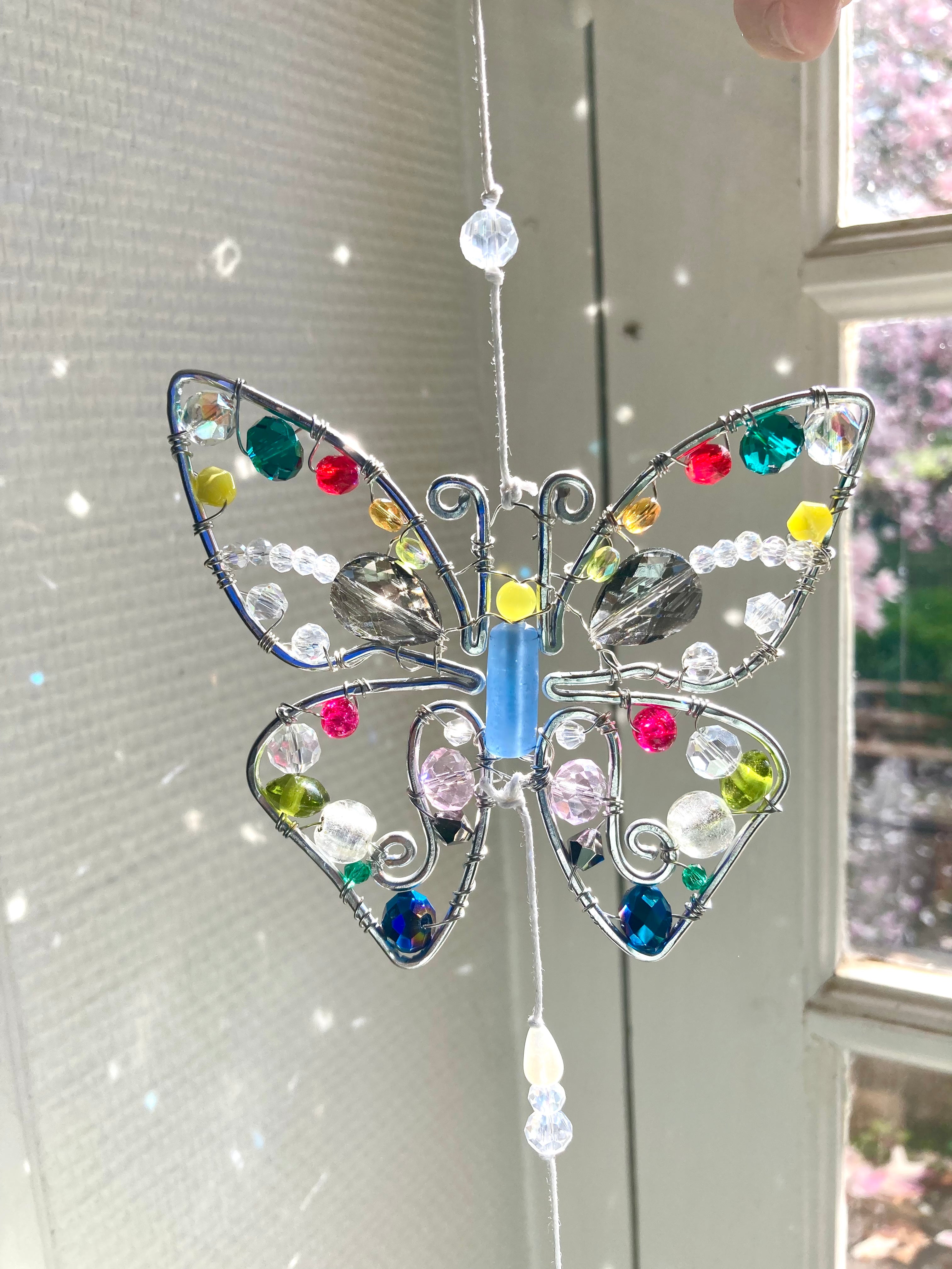 Handmade Butterfly Suncatcher with Feather - Whimsical Wire Art