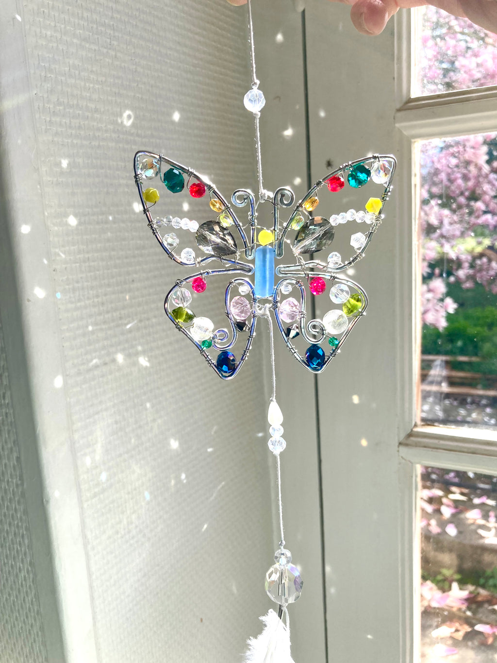 Handmade Butterfly Suncatcher with Feather - Whimsical Wire Art