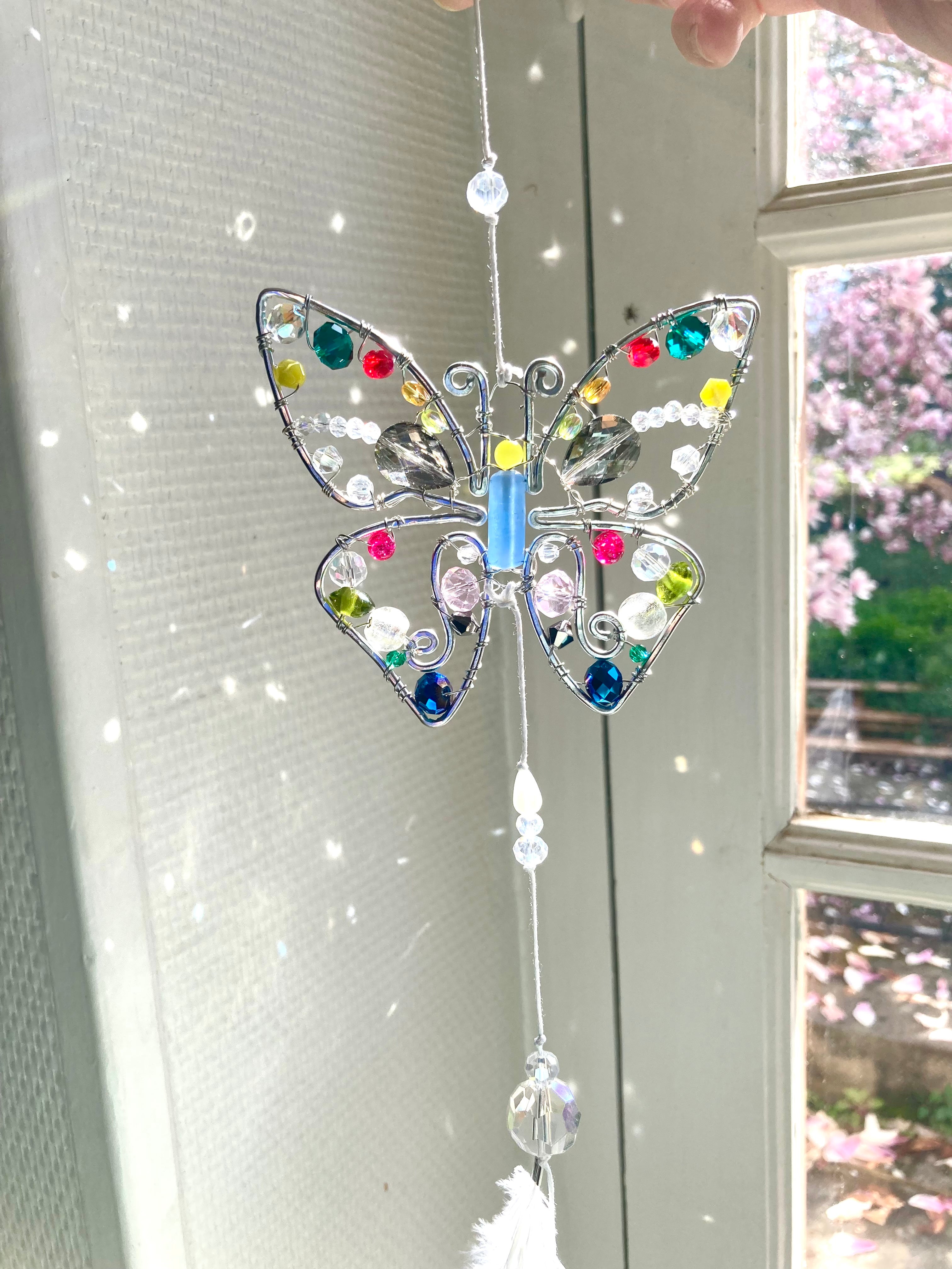 Handmade Butterfly Suncatcher with Feather - Whimsical Wire Art