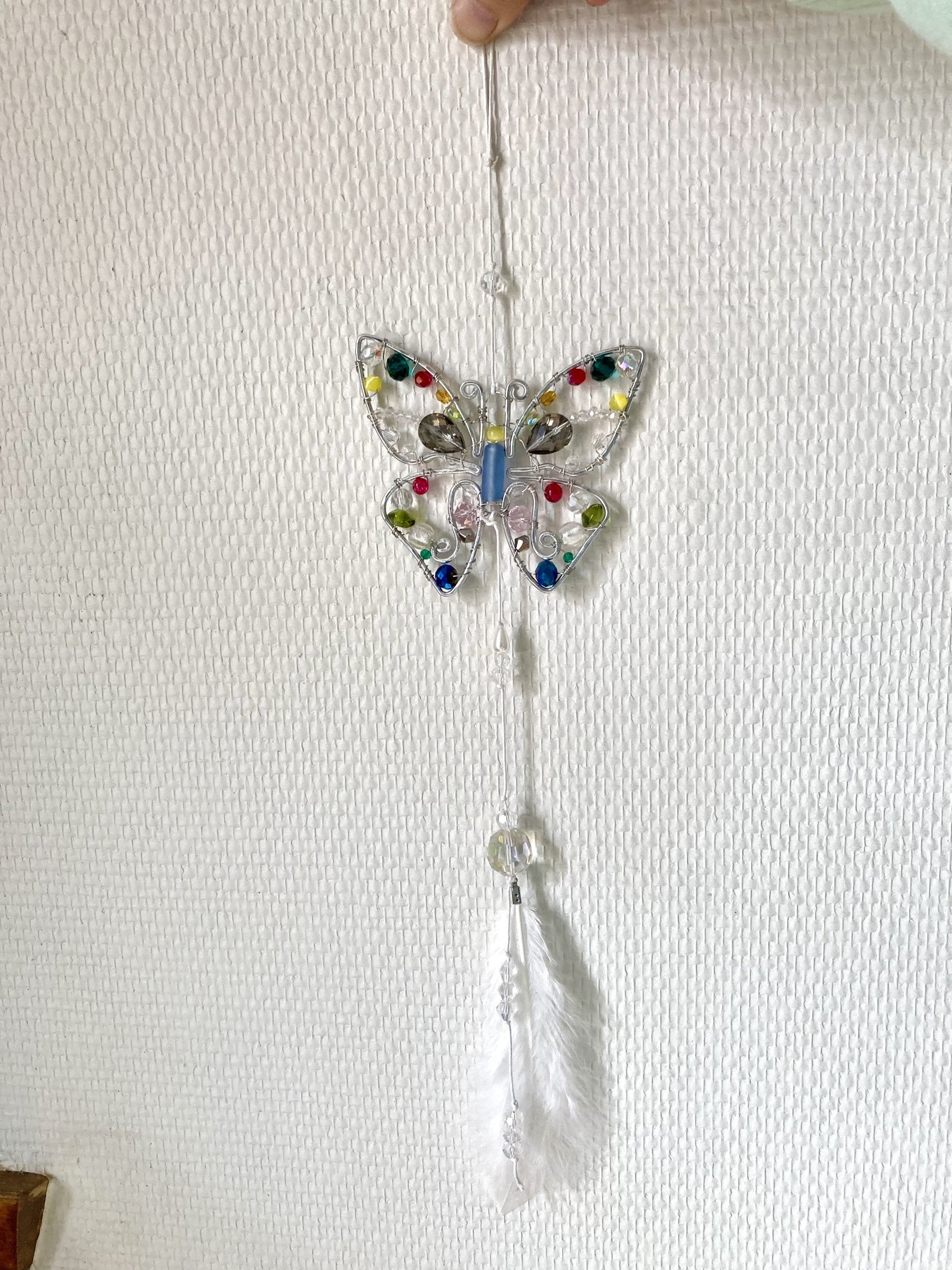 Handmade Butterfly Suncatcher with Feather - Whimsical Wire Art