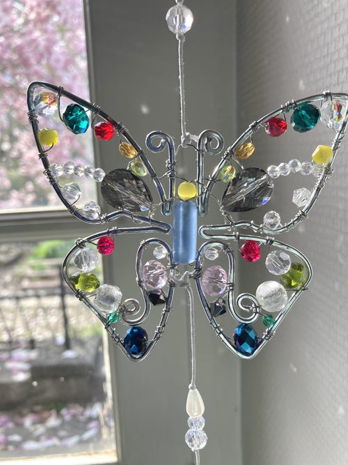 Handmade Butterfly Suncatcher with Feather - Whimsical Wire Art