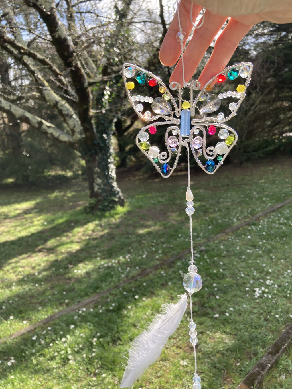 Handmade Butterfly Suncatcher with Feather - Whimsical Wire Art
