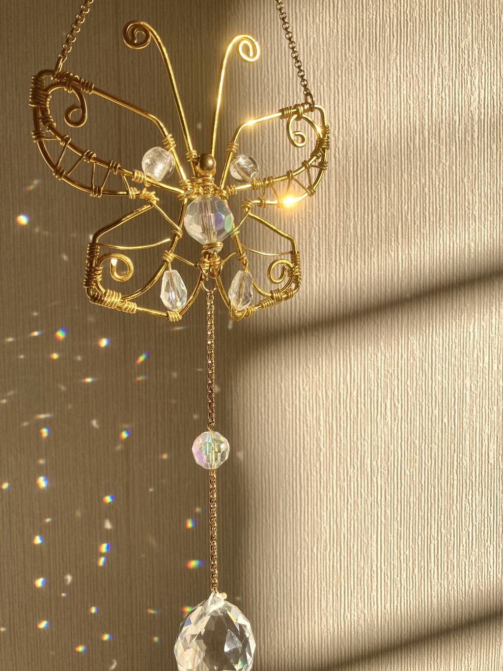 Handmade Golden Butterfly Suncatcher with Crystals