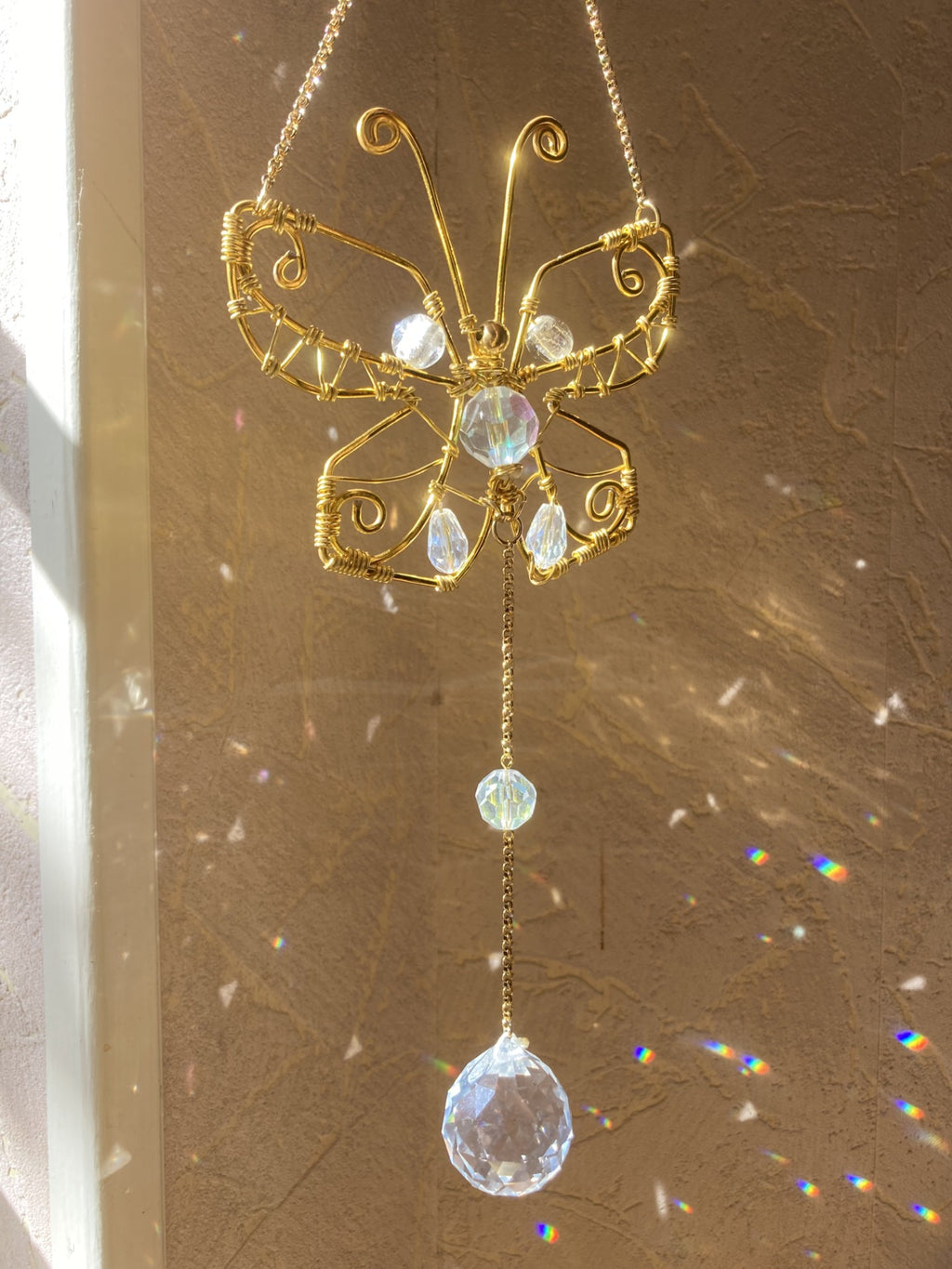 Handmade Golden Butterfly Suncatcher with Crystals
