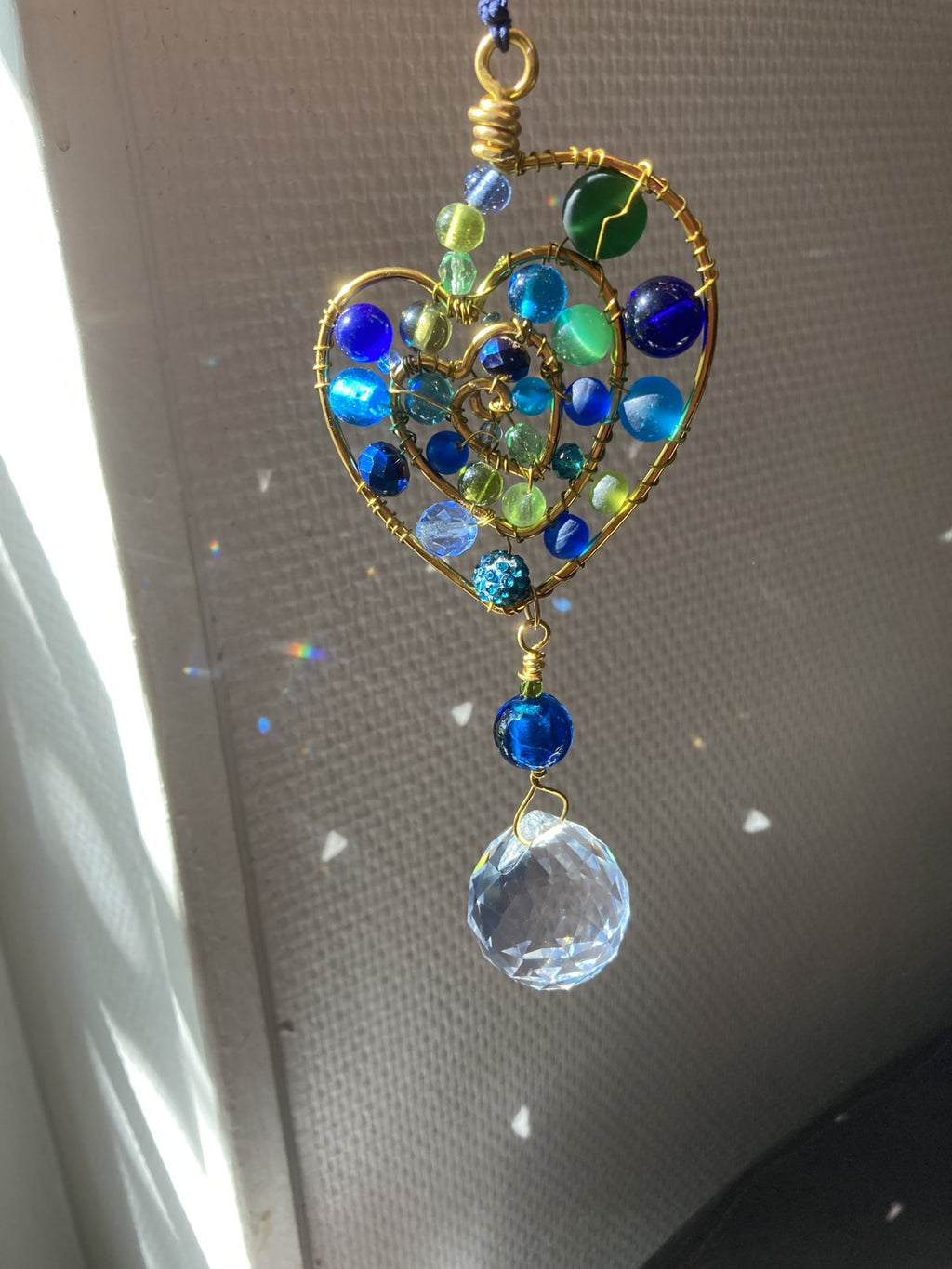 Handmade Spiral Heart Suncatcher - Gold, Green & Blue