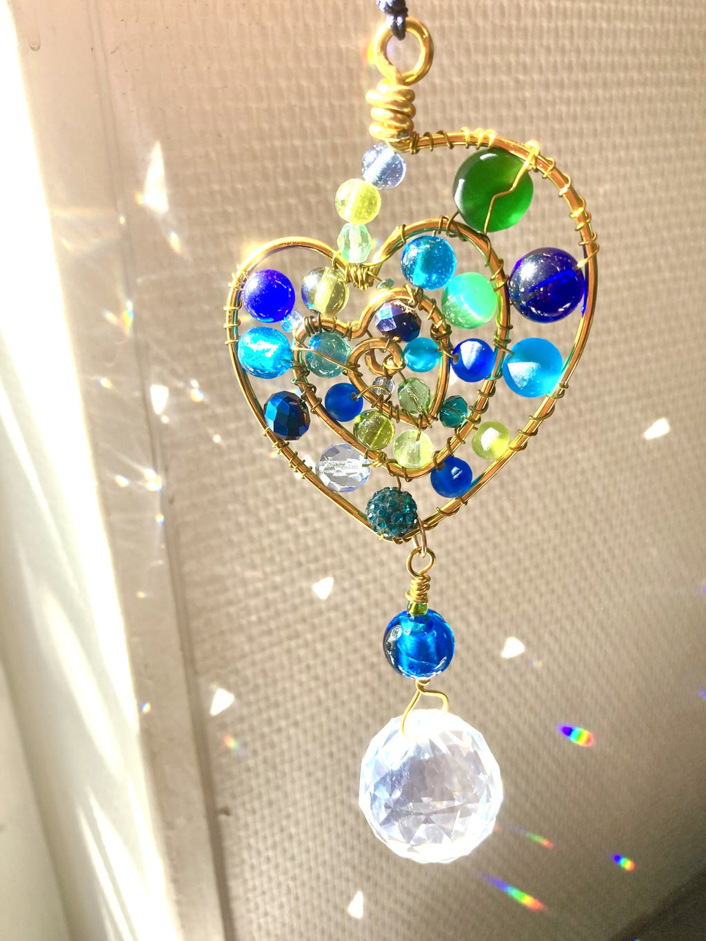 Handmade Spiral Heart Suncatcher - Gold, Green & Blue