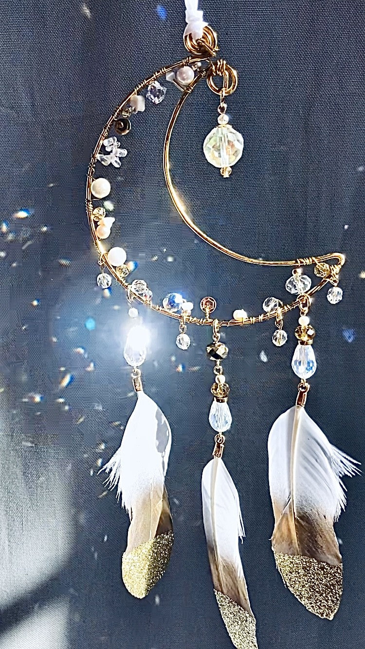 Handmade Golden Crescent Moon Suncatcher with Feathers
