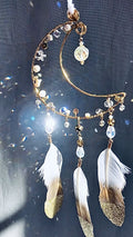 Handmade Golden Crescent Moon Suncatcher with Feathers