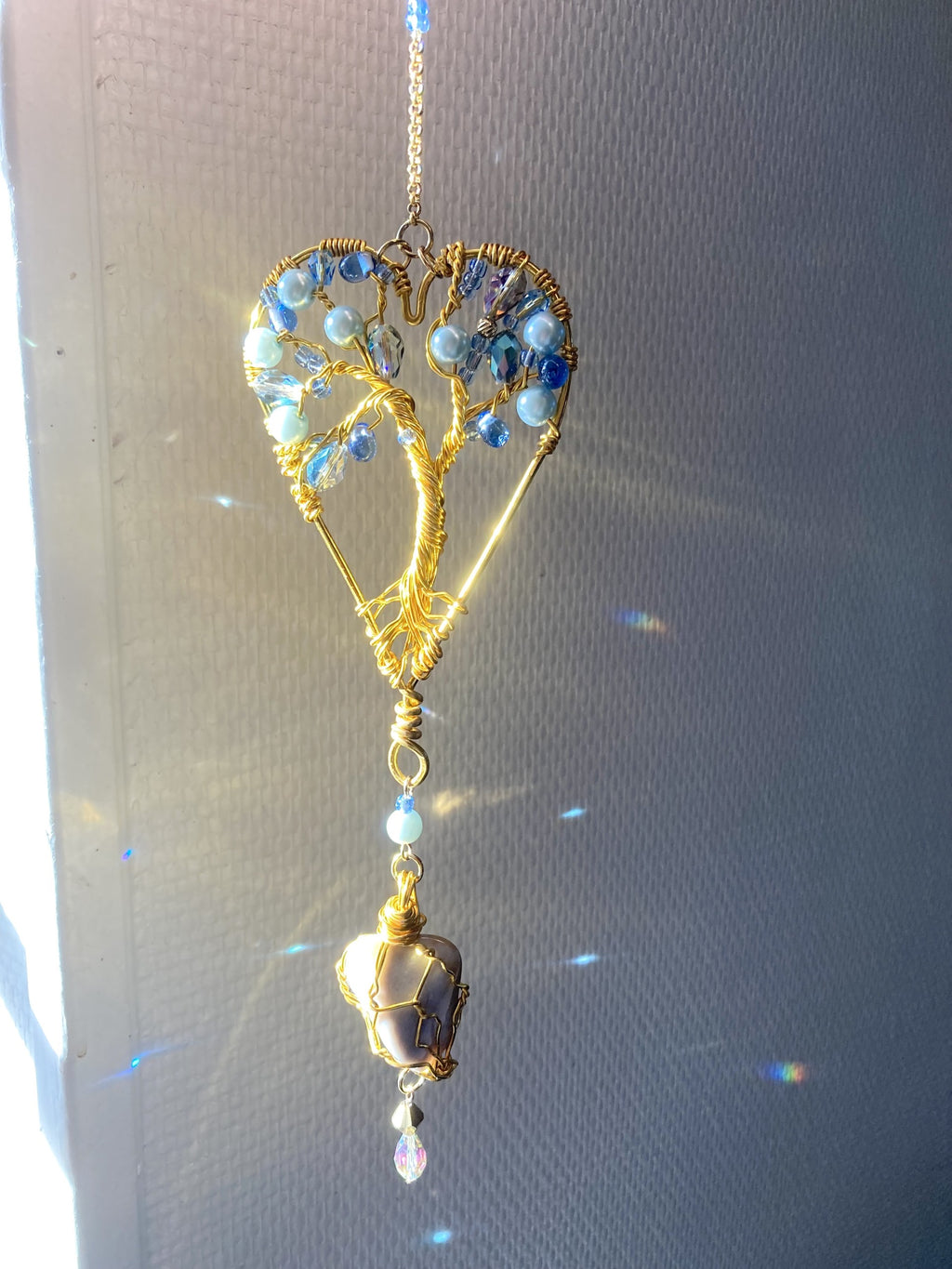 Handmade Heart Tree of Life Suncatcher with Chalcedony Stone