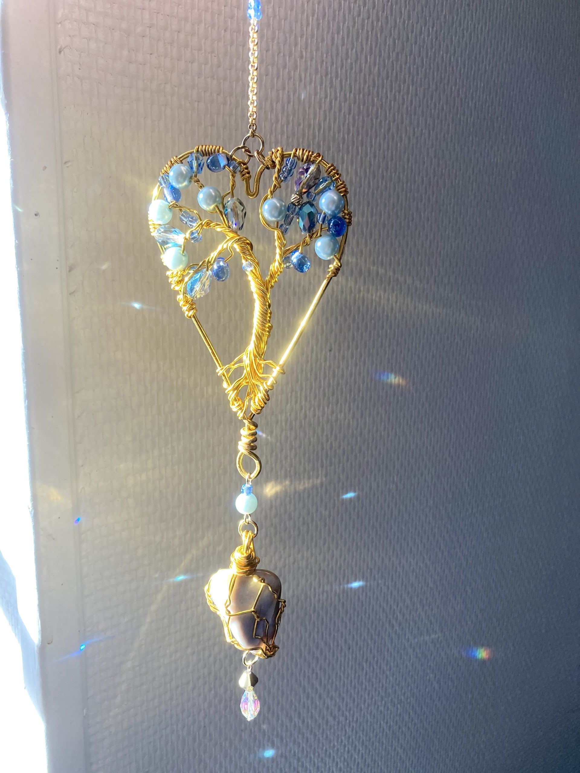 Handmade Heart Tree of Life Suncatcher with Chalcedony Stone