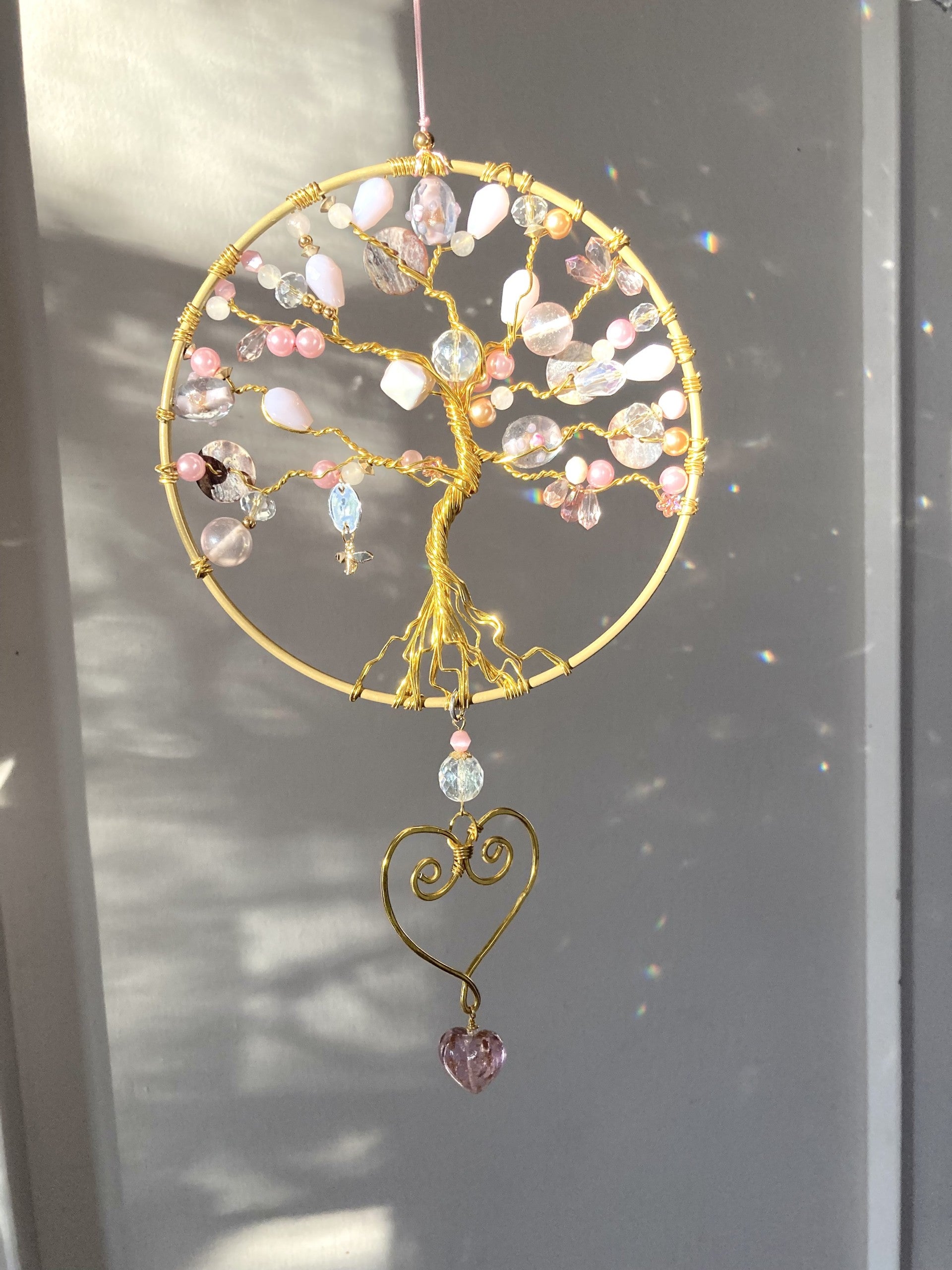Handmade Pink & Gold Tree of Life Suncatcher