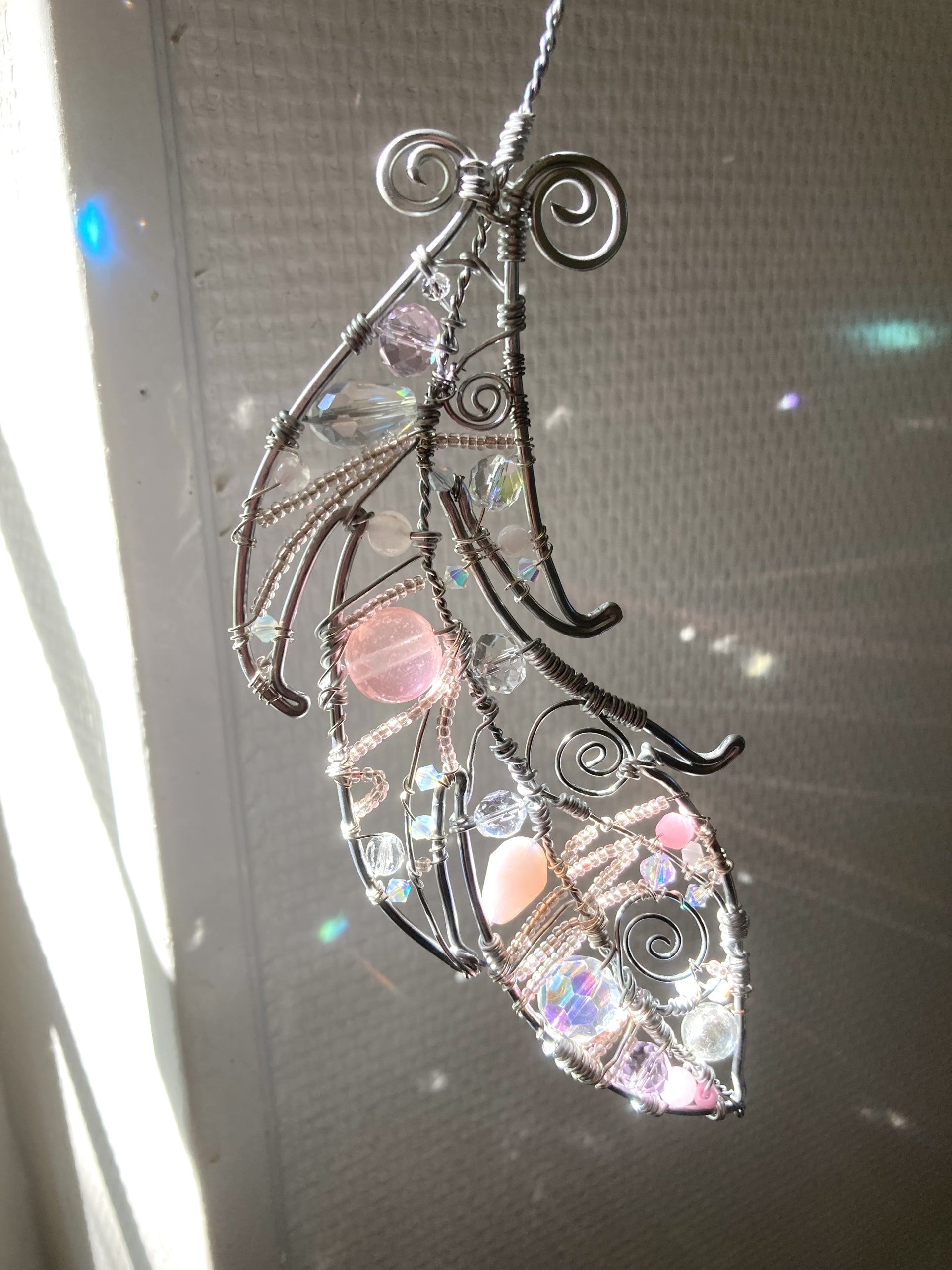 Handmade Pink Crystal Feather Suncatcher - Silver Wire