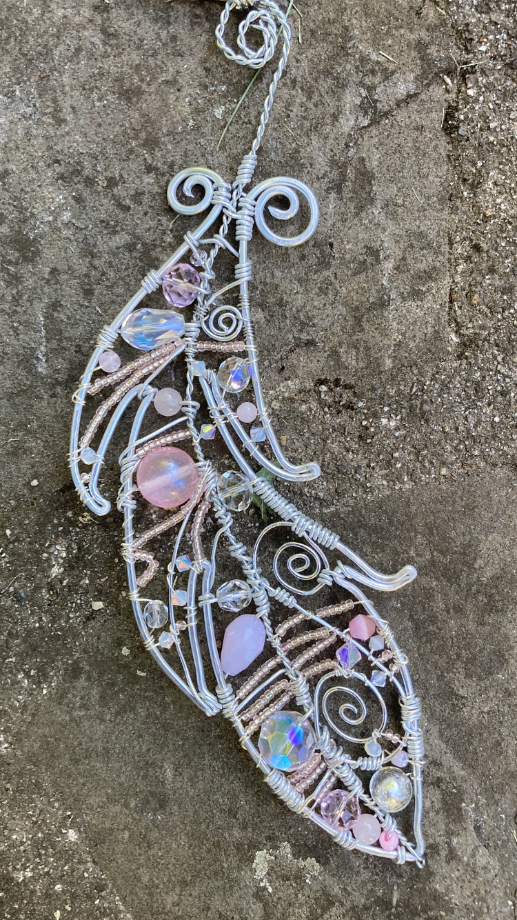 Handmade Pink Crystal Feather Suncatcher - Silver Wire