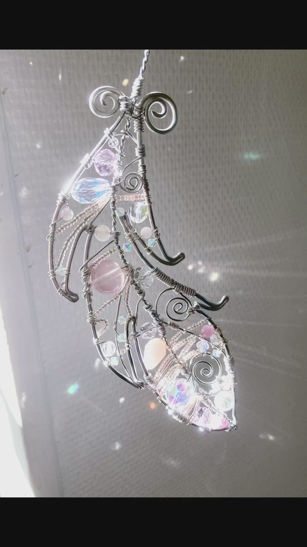 Handmade Pink Crystal Feather Suncatcher - Silver Wire