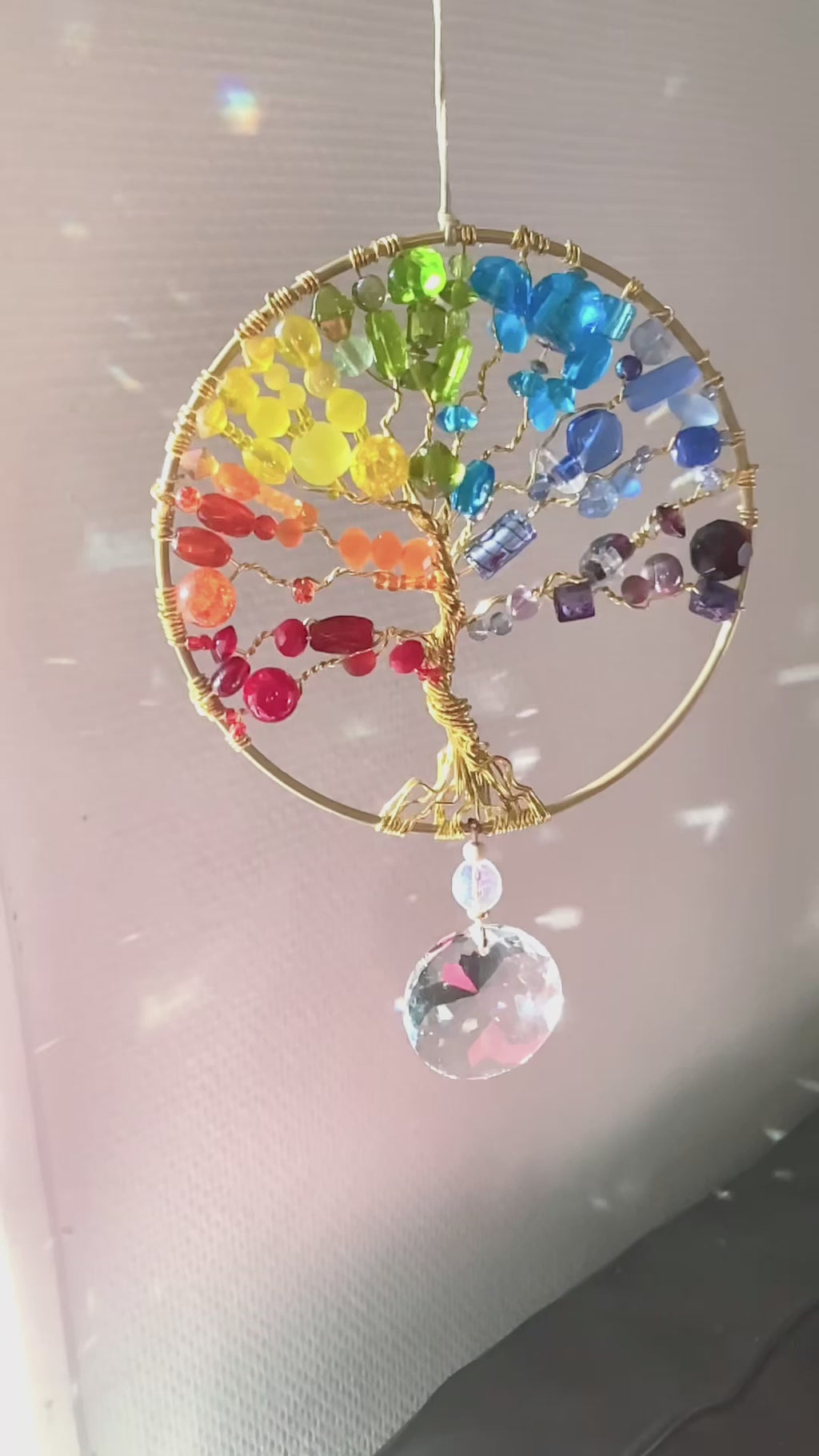 Handmade Rainbow Tree of Life Suncatcher with Glass Pendant