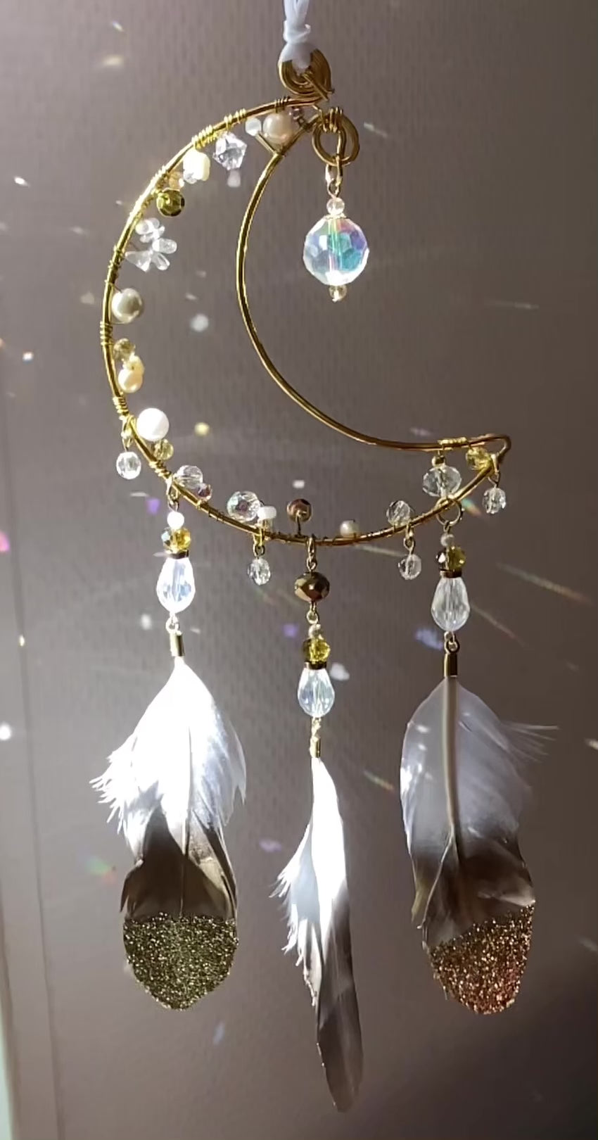 Handmade Golden Crescent Moon Suncatcher with Feathers