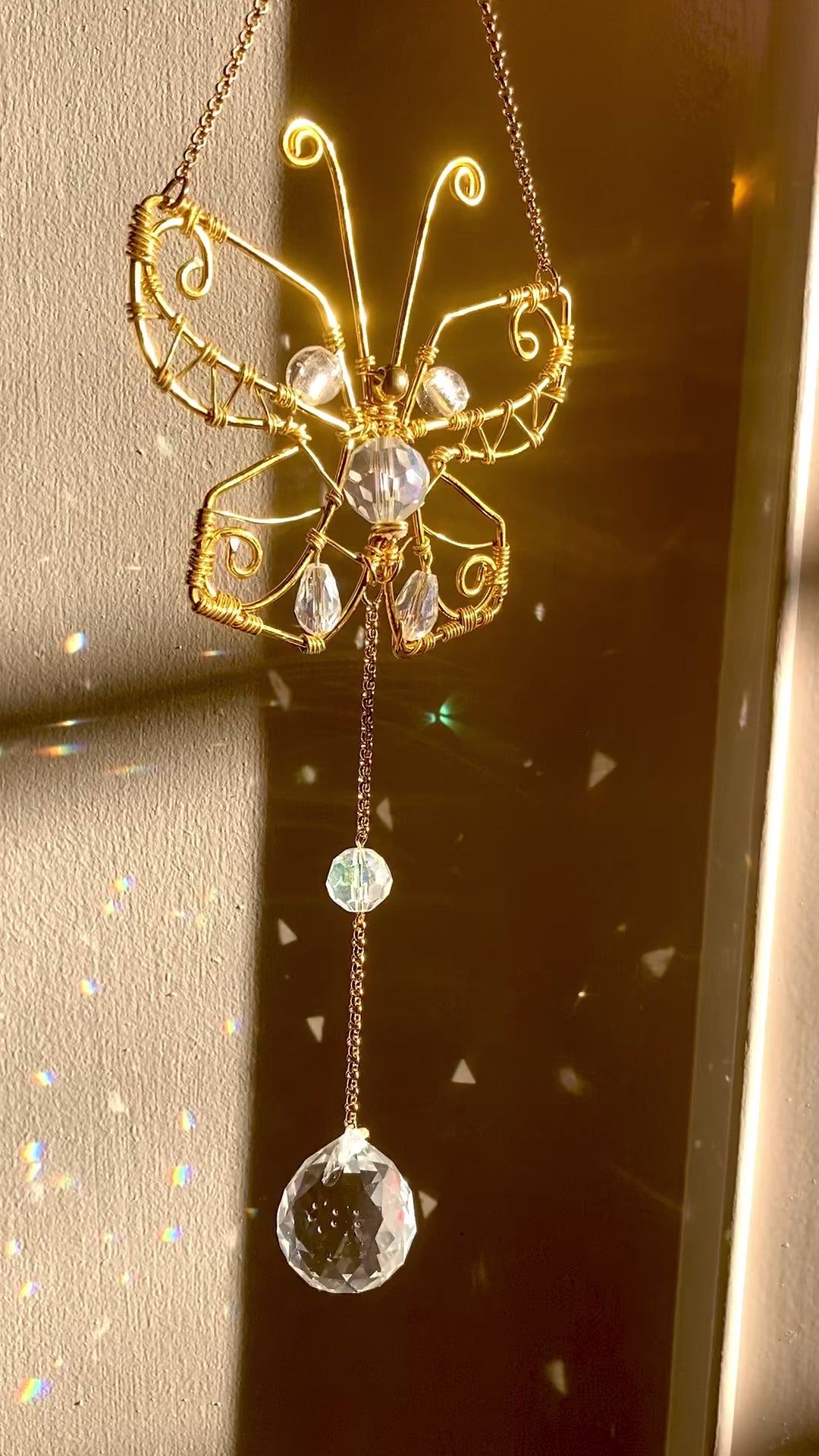 Handmade Golden Butterfly Suncatcher with Crystals