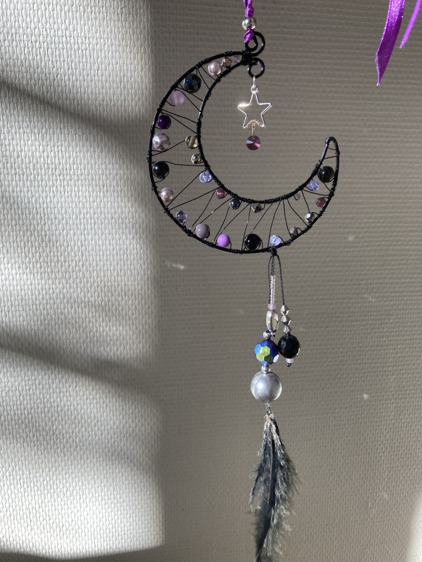 Handmade Crescent Moon Decoration - Black & Purple