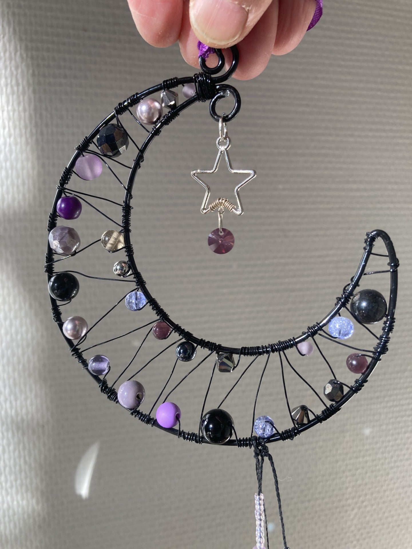 Handmade Crescent Moon Decoration - Black & Purple