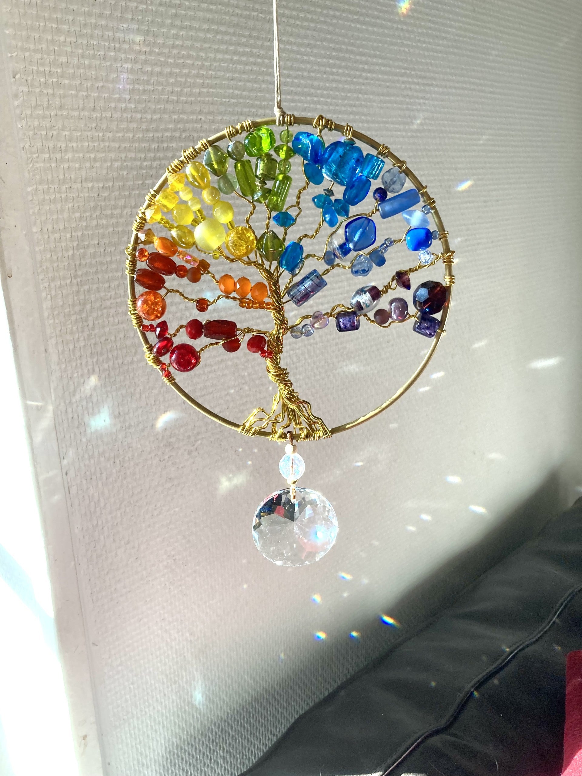 Handmade Rainbow Tree of Life Suncatcher with Glass Pendant