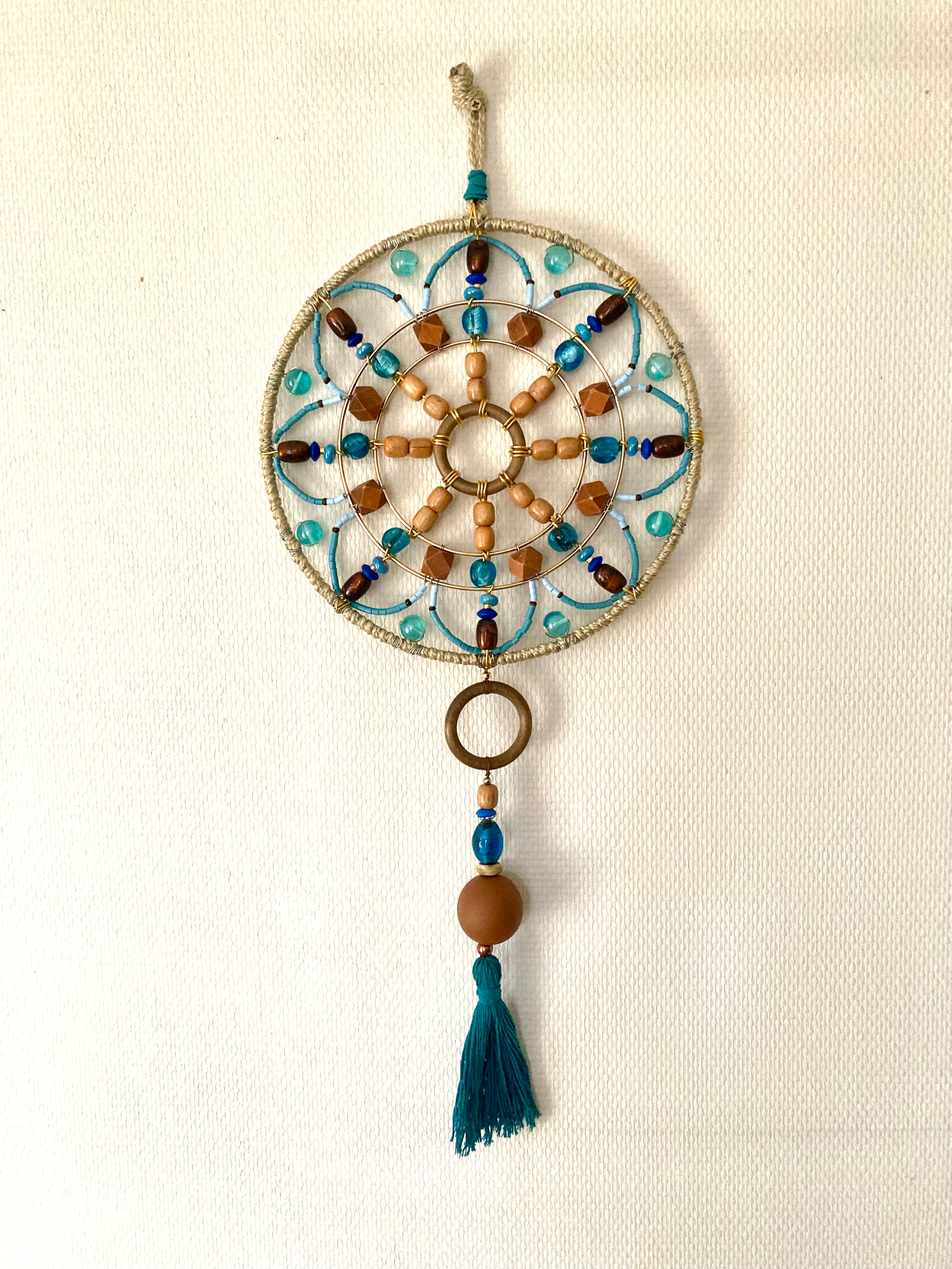 Handmade blue and wood mandala wall decoration