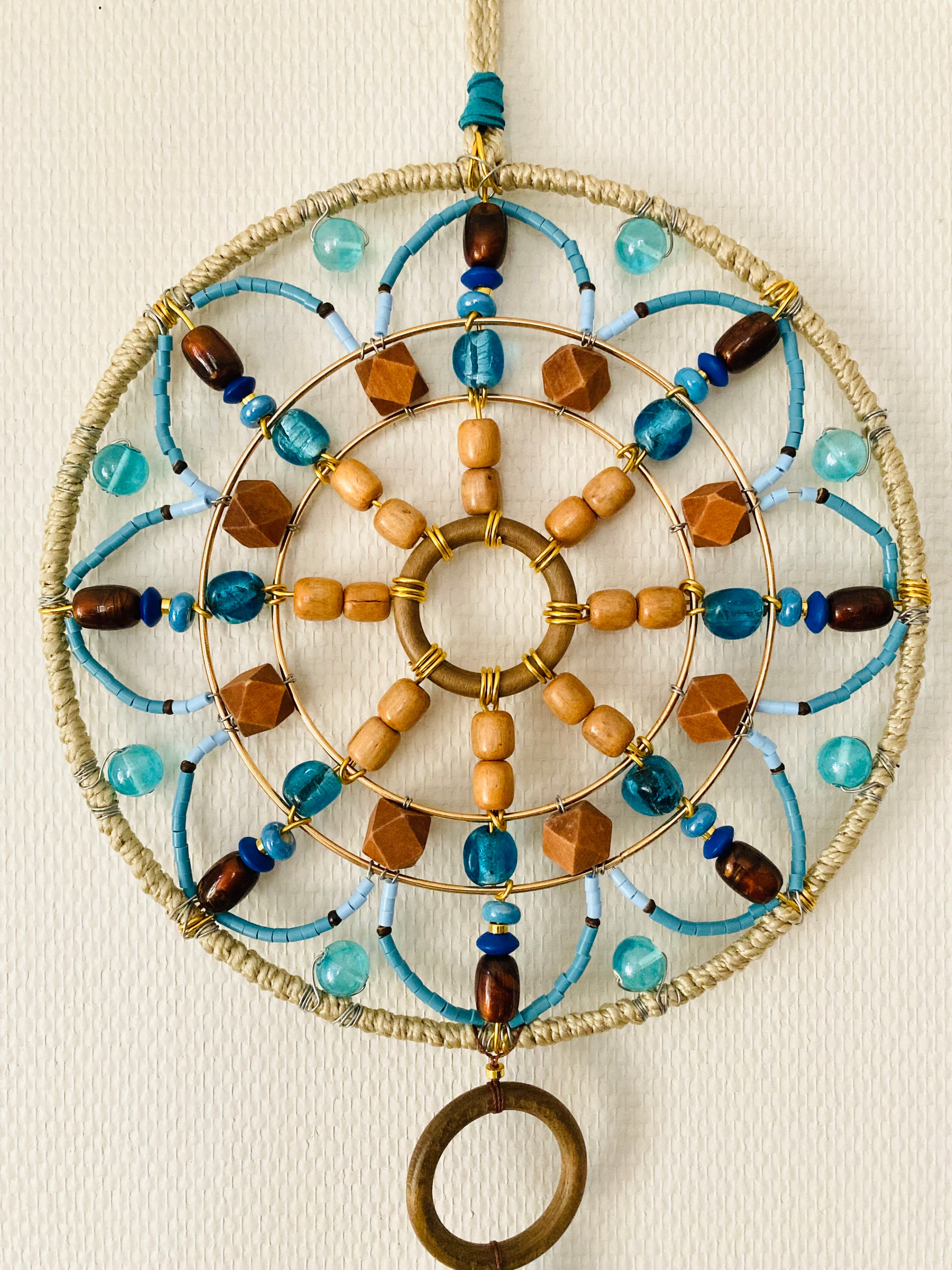 Handmade blue and wood mandala wall decoration