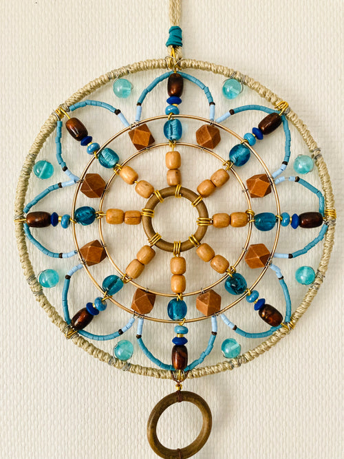 Handmade blue and wood mandala wall decoration