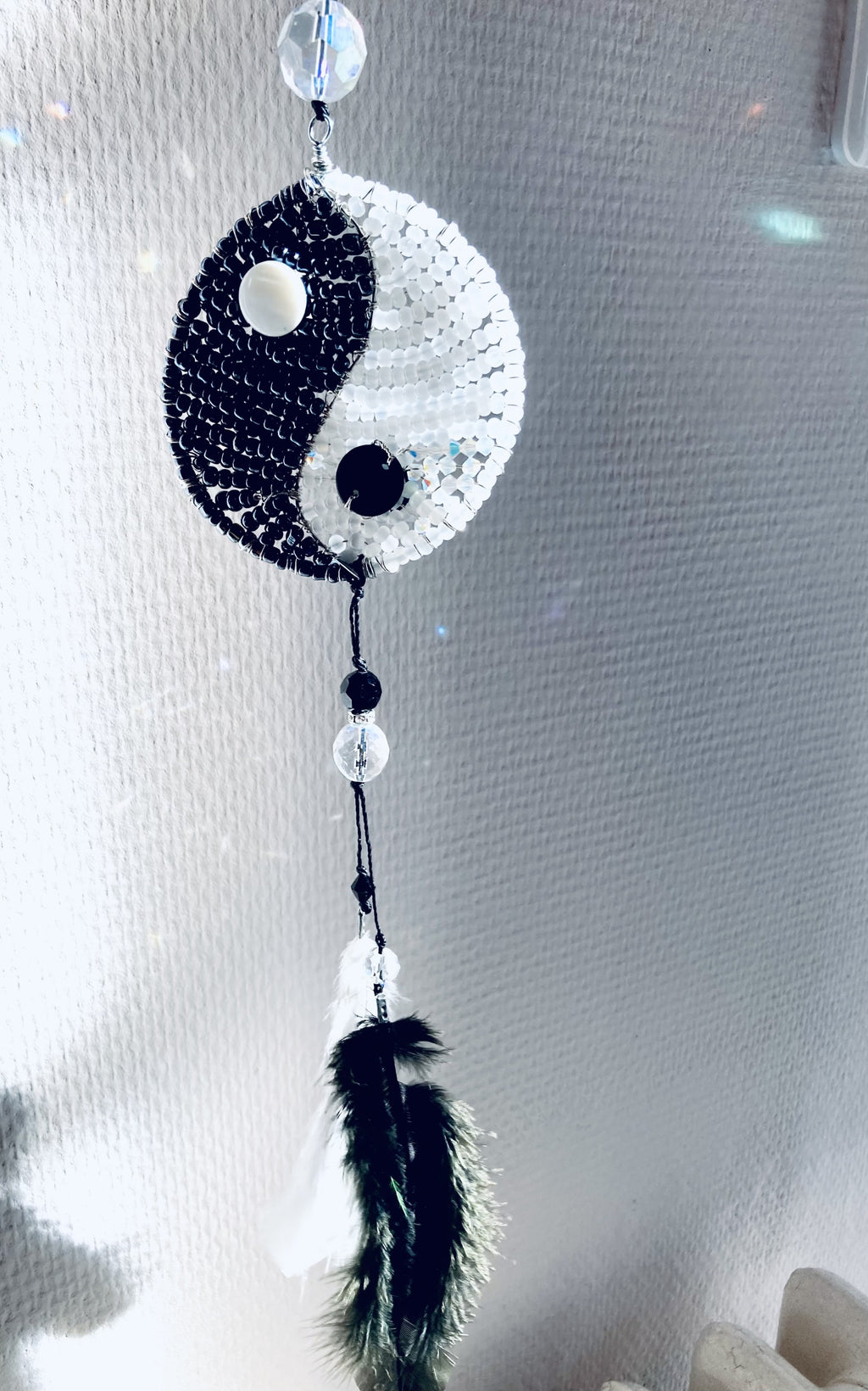 Handmade Yin Yang Balance Suncatcher with Feathers