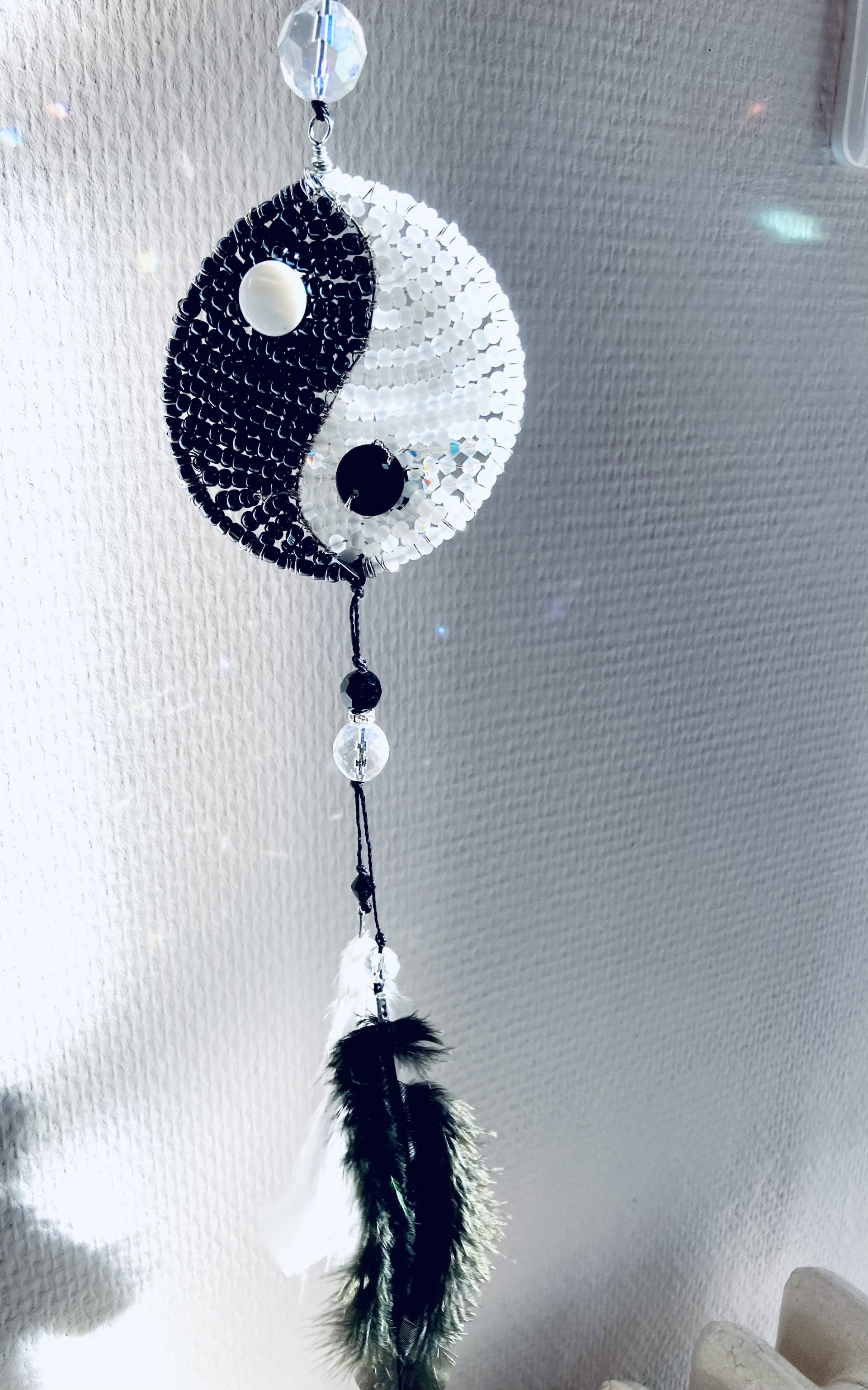 Handmade Yin Yang Balance Suncatcher with Feathers