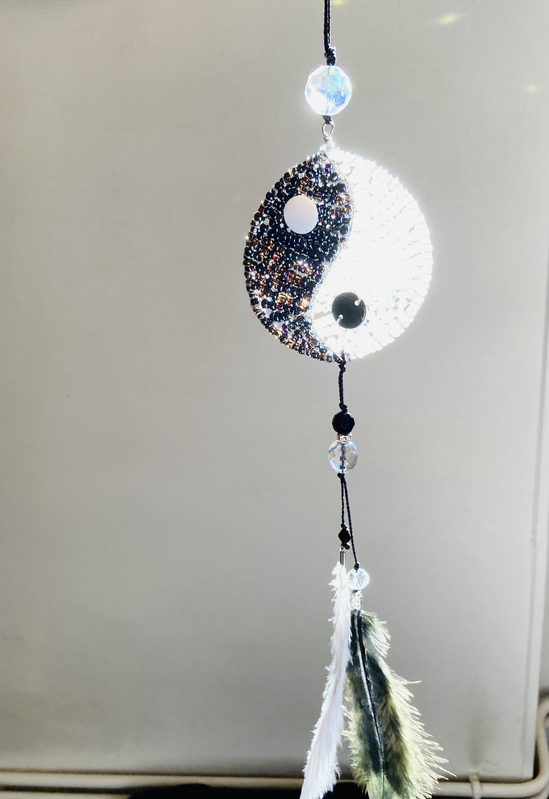 Handmade Yin Yang Balance Suncatcher with Feathers